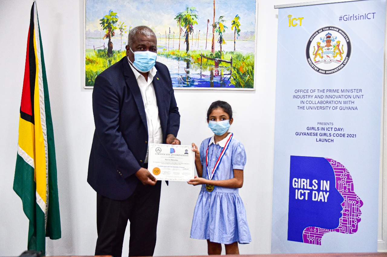 Acting President, Brigadier (Ret’d), the Honourable Mark Phillips this afternoon handed over medals and certificates of participation to several youngsters who recently took part in the Guyanese Girls Code Initiative